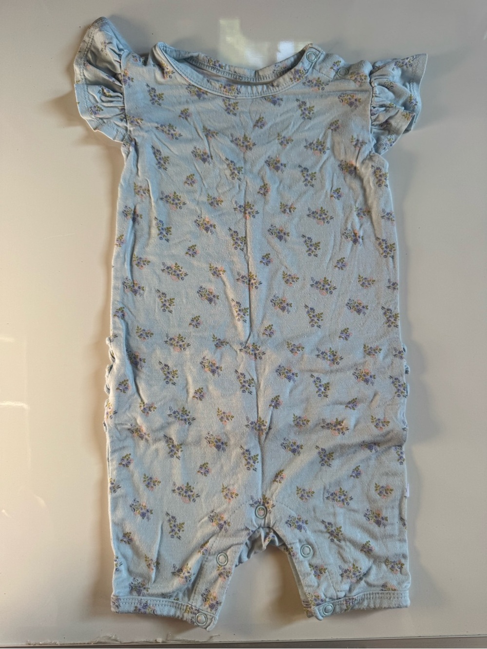 Posh Peanut Light Blue Floral Baby Romper with Ruffle Sleeves